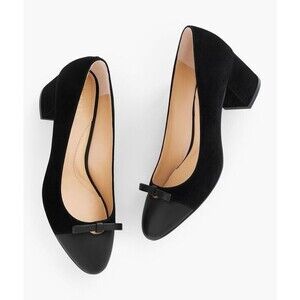 Talbots Isa Cut Out Pumps Black Suede Block Heel Size 8.5 Bows Classic Old Money